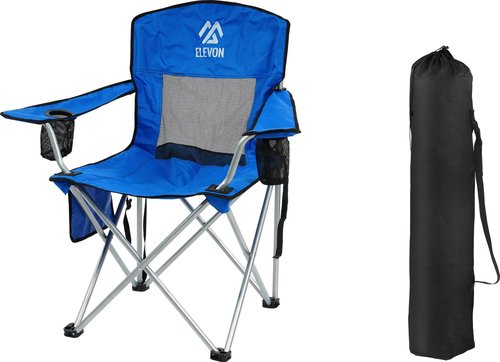 Elevon Camp Chairs Outdoor, Folding Chair Camping Recliner Support Mesh Backrest, Lawn Chair with Cup Holder, Storage Pocket, Carrying Bag, Blue