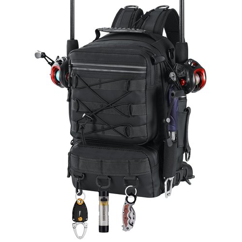MoKo Fishing Backpack Sling Bag with Rod & Gear Holder, Nylon Waterproof Fishing Tackle Storage Bag for Fish, Camping, Hiking, Hunting, Perfect Gifts for Men Father, Black