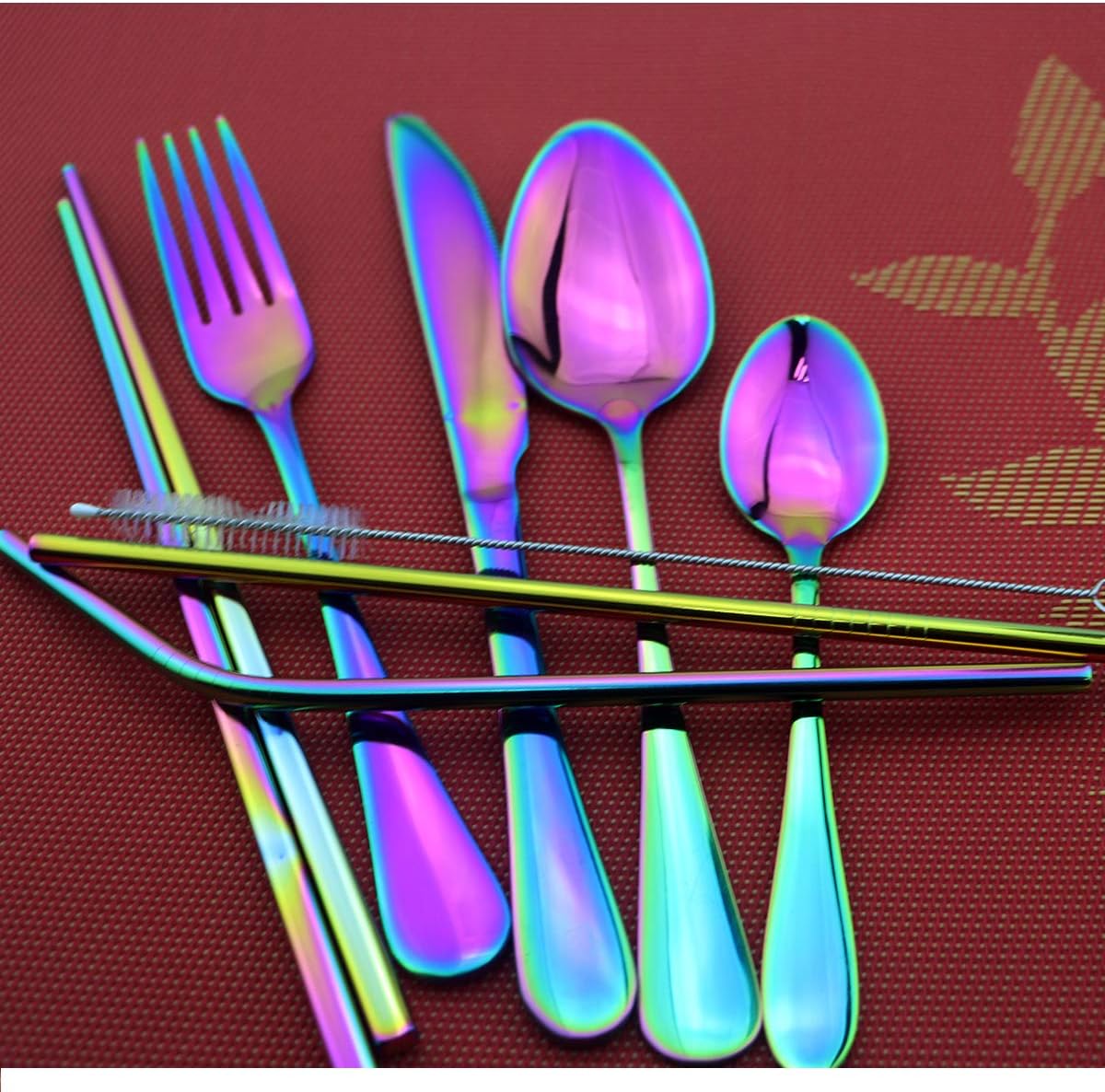 8 Pieces Stainless Steel Mirror Poblished Flatware Set Reusable Cutlery Set Travel Utensils Set with Straws for Camping Office or School Lunch,Dishwasher Safe (Rose Gold)