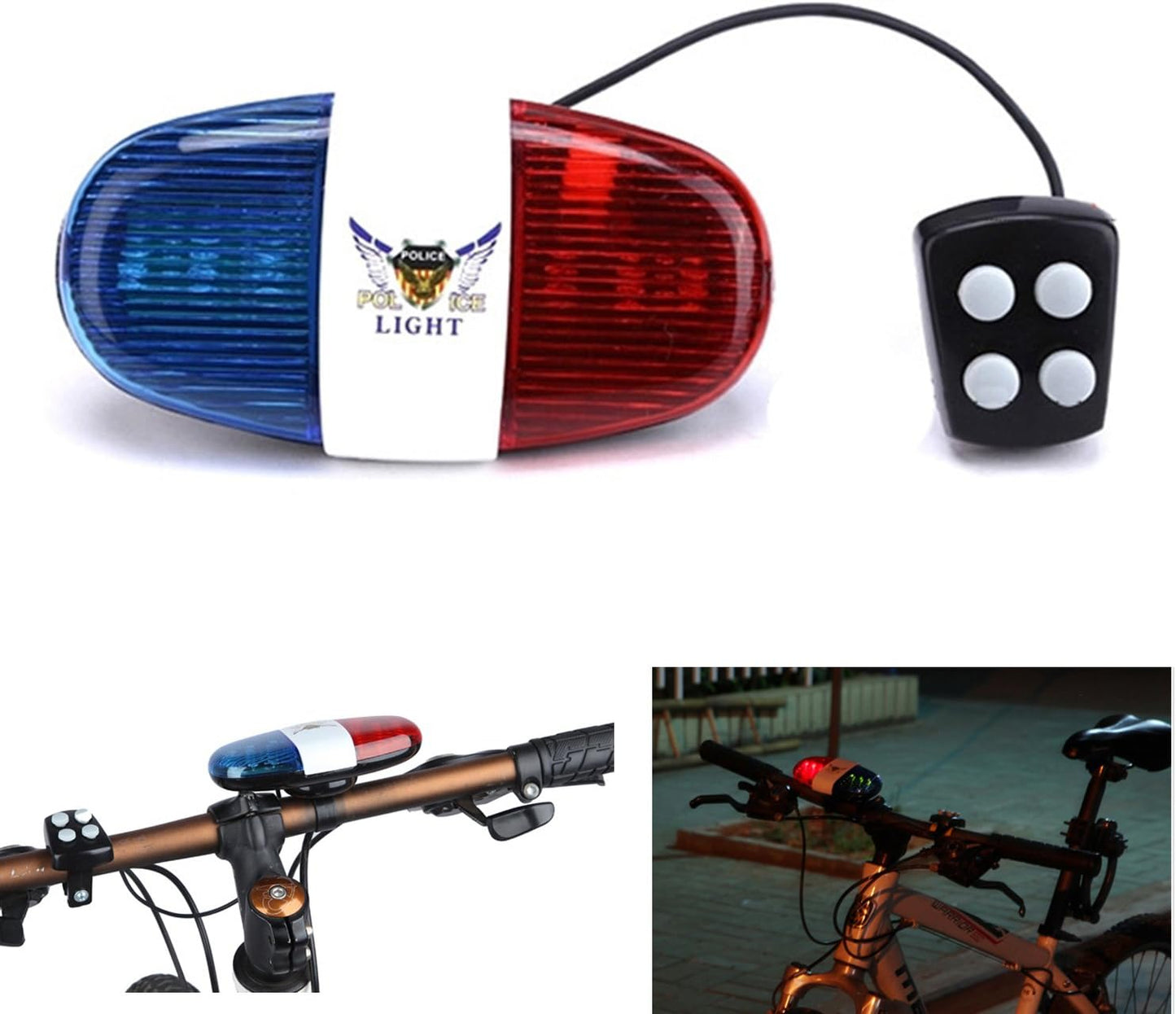 Oumers Bicycle Police Sound & Light, Bike LED Horn Siren, 6 LED Lights, 4 Sounds, Waterproof Accessories