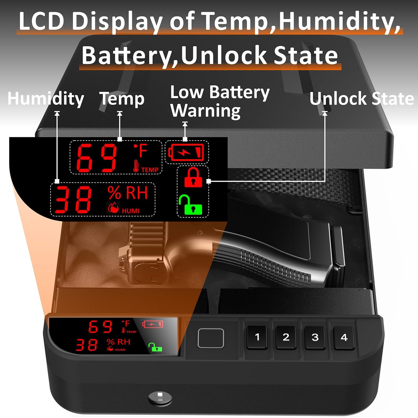 Z ZLJUAN Portable Gun Pistol Safe with LCD Display of Temp,Humidity,Biometric Fingerprint,Keypad Lock,Key,Biometric Handgun Safe for Travel/Home/Car/Nightstand Beside (Black)