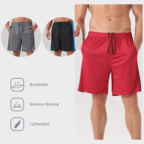 ZENGVEE Men’s 3 Pack Running Athletic Shorts 7" Quick Dry Workout Gym Shorts with Pockets for Basketball,0501,Black Grey Red,L