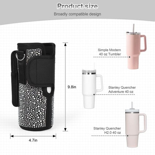 Bling Diamond Water Bottle Carrier Bag with Phone Pocket for Stanley 40/30 oz Tumbler with Card Holder,Neoprene Water Bottle Holder Pouch with Adjustable Strap for Stanley Cup Accessories