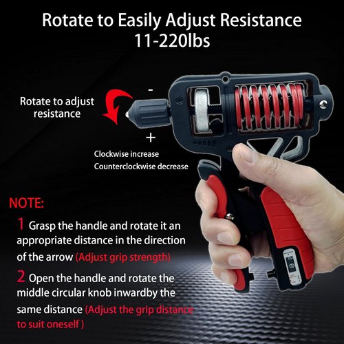 Grip Strength Trainer Hand Grip Strengthener Forearm Strengthener Adjustable Distance/Resistance Hand Gripper Strengthener（11-220lb）Counting Double Spring Hand Gripper
