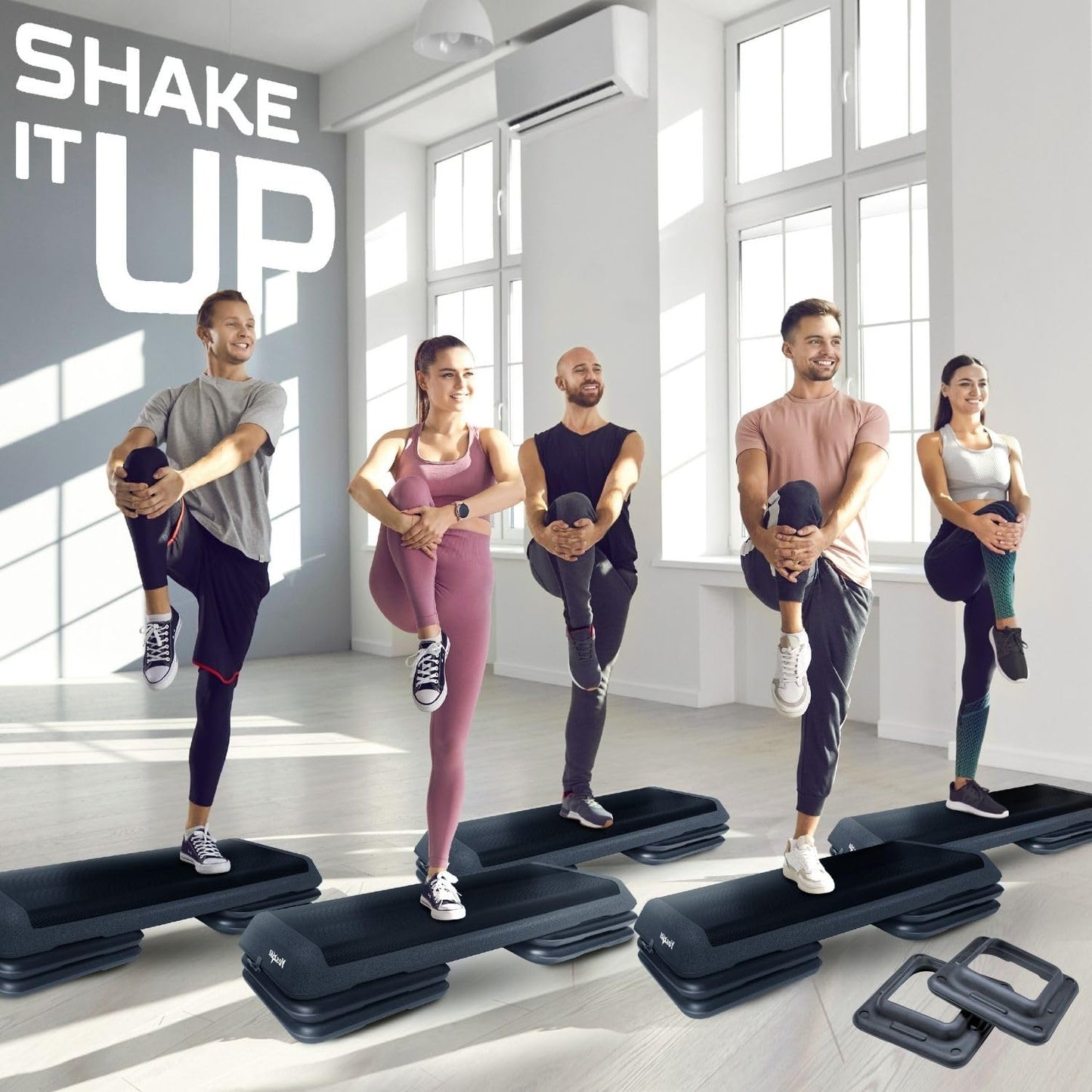 Yes4All Aerobic Exercise Workout Step Platform Health Club Size with 2 Adjustable Risers Included and Extra Risers Options - Black - Pair