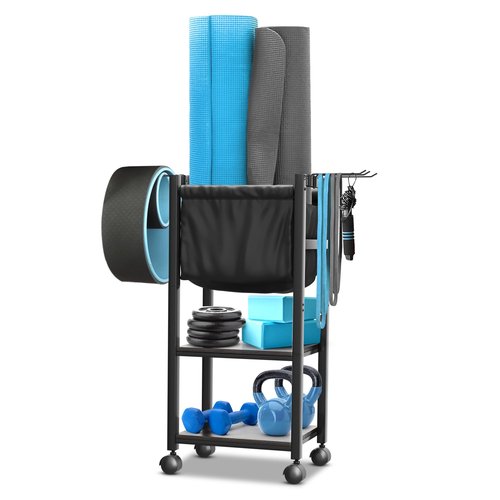 Guider Steel Multifunctional Home Gym Storage Rack - Metal Exercise Equipment Storage w/Wooden Shelf, Hooks & Black Yoga Mat Home Gym Organizer Basket - 88LBS Max Cap Weight Rack for Dumbbells & More
