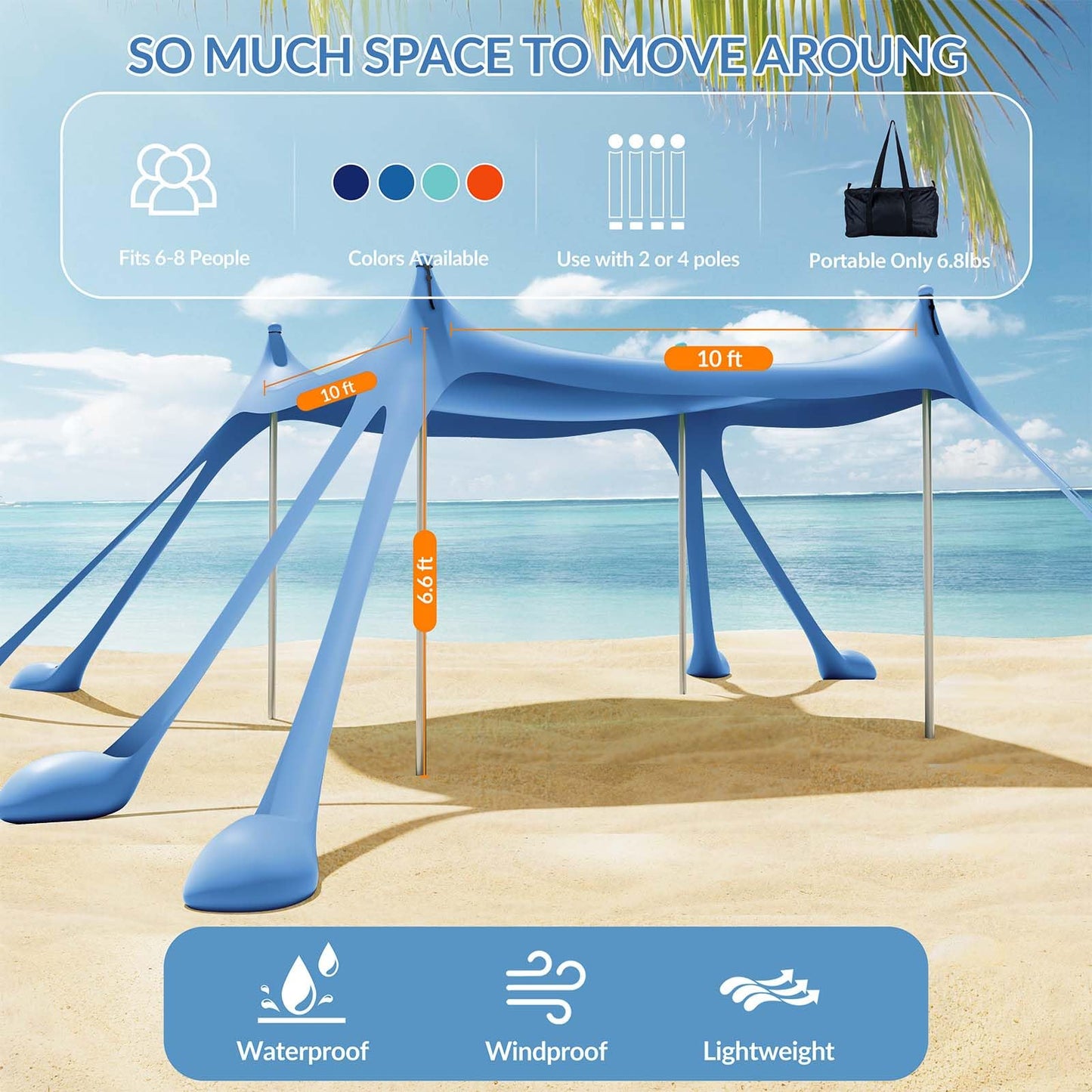 Gardentime Beach Tent Canopy Sun Shelter 10x10ft UPF50+ Protection Portable Shade with 8 Sandbags, 4 Poles, 2 Sand Shovels, Ground Peg for Outdoor Backyard Camping Fishing Picnic Blue