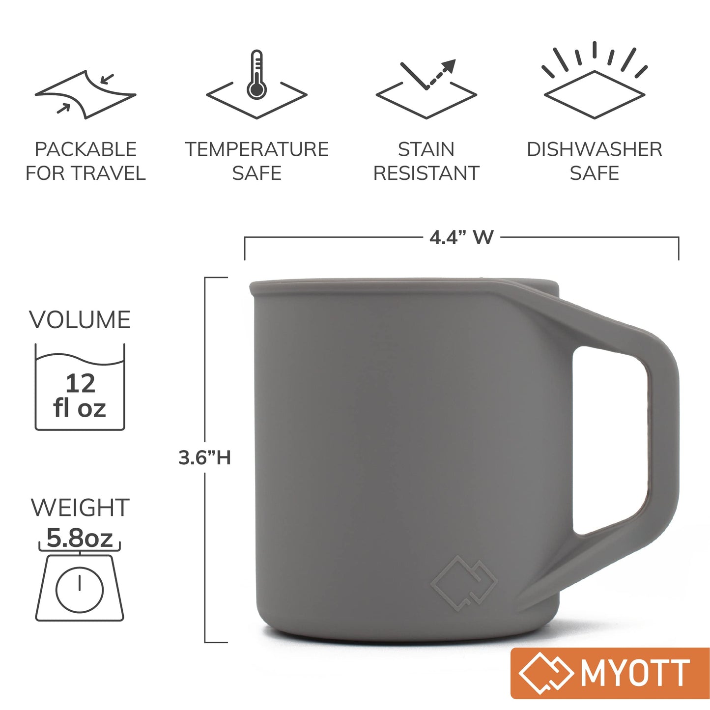 MYOTT Silicone Coffee Cup - Food Grade Silicone Camping Mug with Handle - Portable, Collapsible Coffee Mug - BPA Free, Dishwasher Safe and Microwave Safe 12- oz (Granite Gray, 1 Pack)