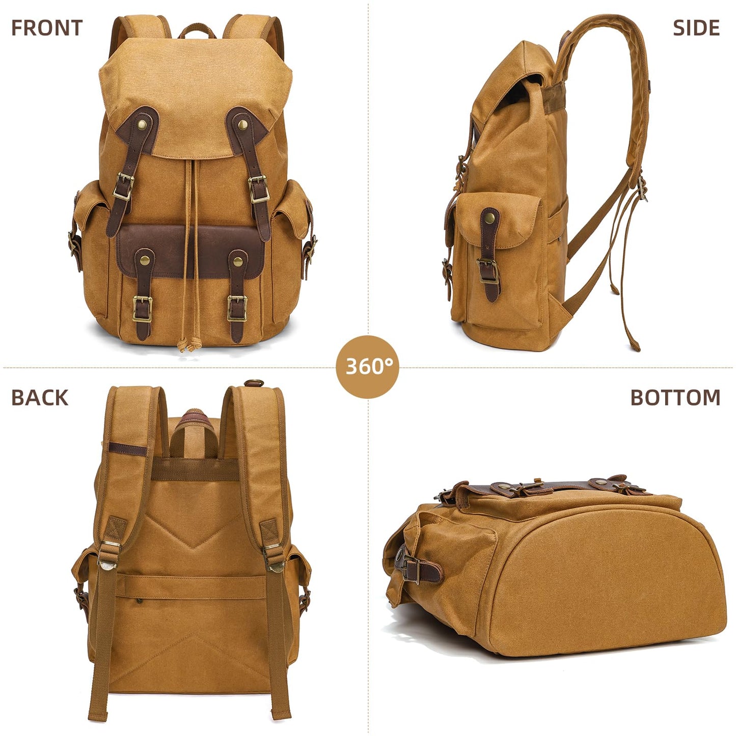 Beeaoo Canvas Backpack Mens Casual Daypack Vintage Travel Rucksack with Leather Trim