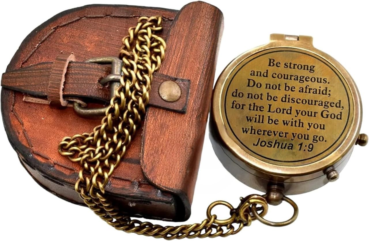 2" Be Strong and Courageous Brass Engraved Compass, Pocket Compass Joshua 1:9,Solid Brass Directional Brass Sundial Compass with Leather Case Baptism Gifts, Gifts for Men Compass,Graduation Day Gifts