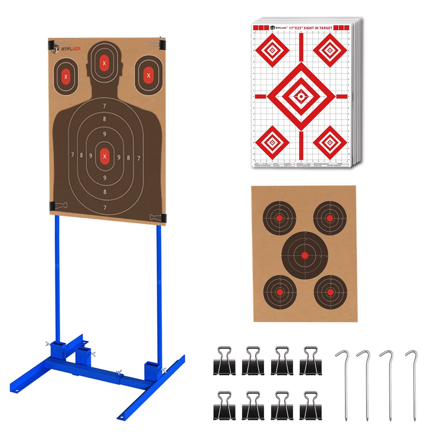 Atflbox Shooting Target Stand with 10pcs 17x25 Inch Sight in Paper Targets, Durable Paper Target Holder with Stable Adjustable Base for Cardboard Silhouette, H Shape, IPSC, IDPA Practice (1 Pack)