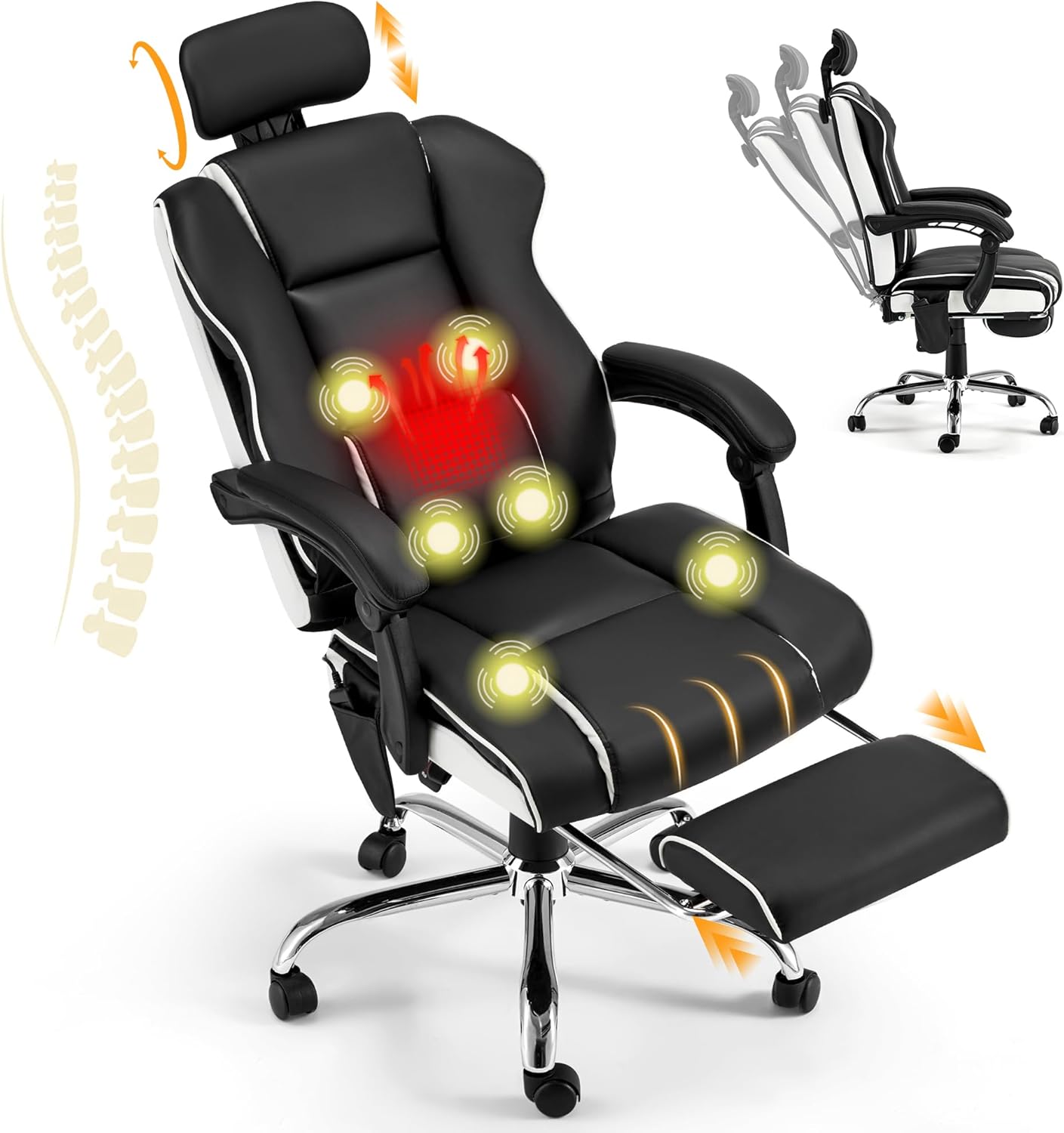 HOMREST 6-Point Massage Office Chair with Retractable Footrest, Heated Executive Office Chair with Reclining Backrest, Ergonomic Computer Chair with Adjustabel Headrest,Black