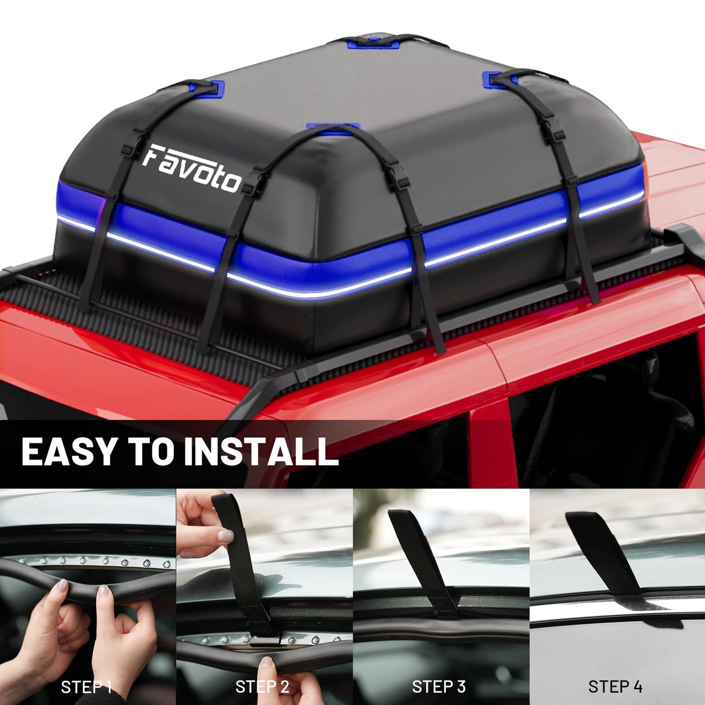 Favoto Car Roof Cargo Bag - 15 Cubic Feet Waterproof Carrier for Most Vehicles SUV/Sedan, 500D PVC Material with 8 Reinforced Straps & Anti-Slip Mat, Black & Orange, Black & Blue