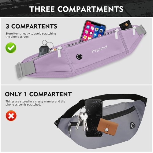 Peginmol Slim Running Belt Fanny Pack, Waist Pack Bag for Women Men, Running Pouch for Phone Waterproof Reflective with 3 Pouches, Running Phone Holder for Sports, Traveling (Purple)
