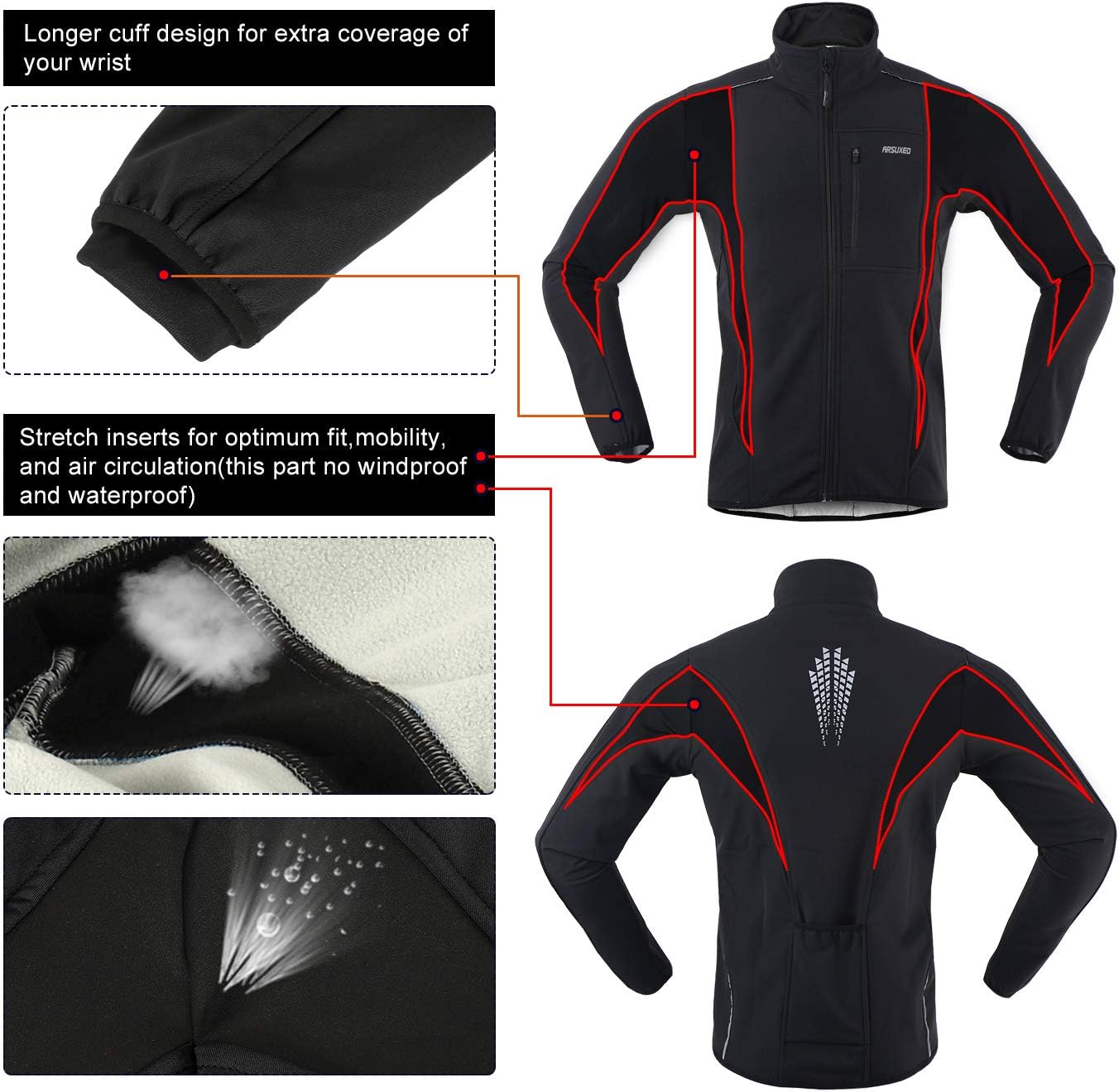 ARSUXEO Winter Warm UP Thermal Softshell Cycling Jacket Windproof Waterproof 15-k