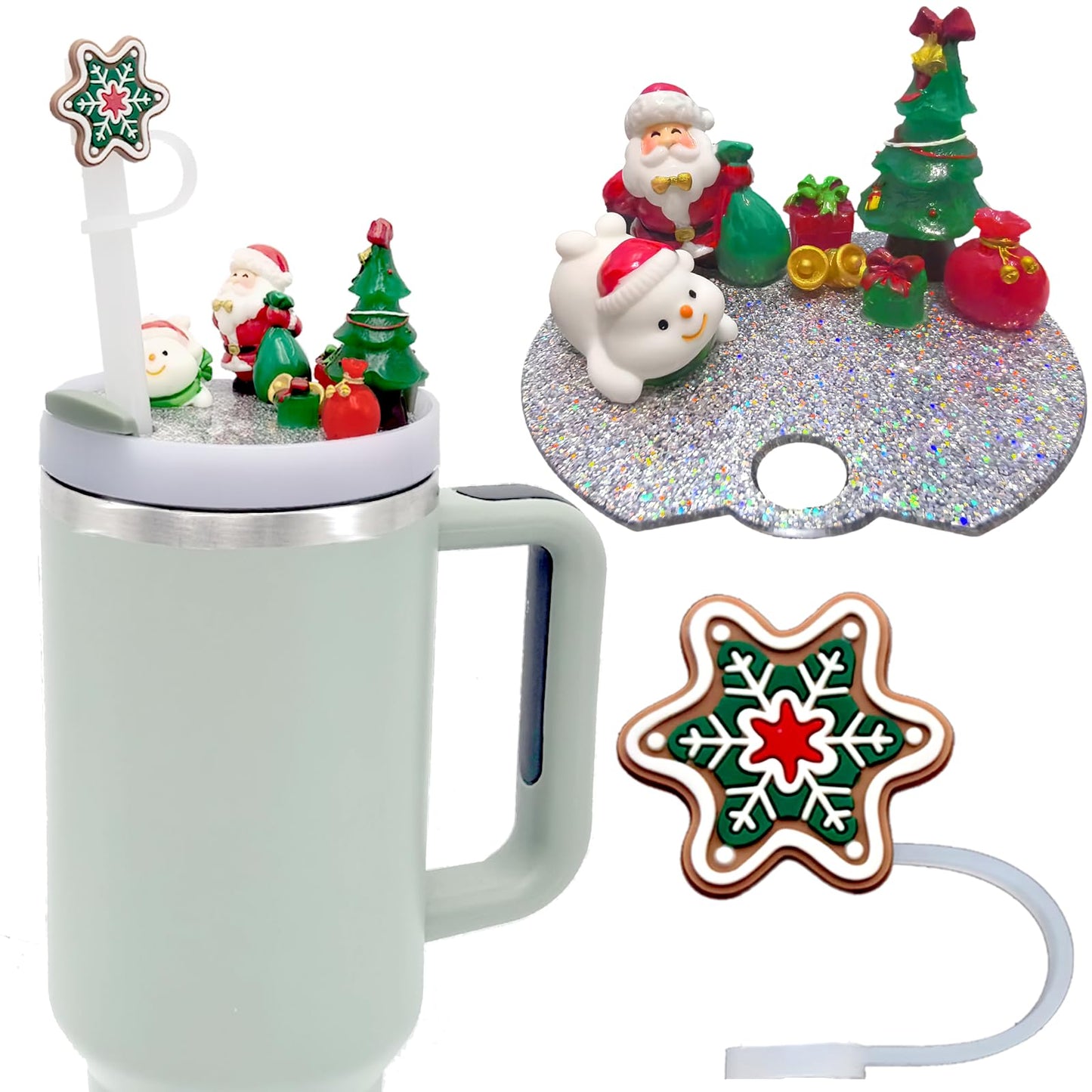 Accessories Compatible with Stanley Cup Lid, Silicone Snowflake Christmas Straw Toppers for Stanley Cup H2.0 Holiday Lid Accessories 40 OZ,Gift for Kids