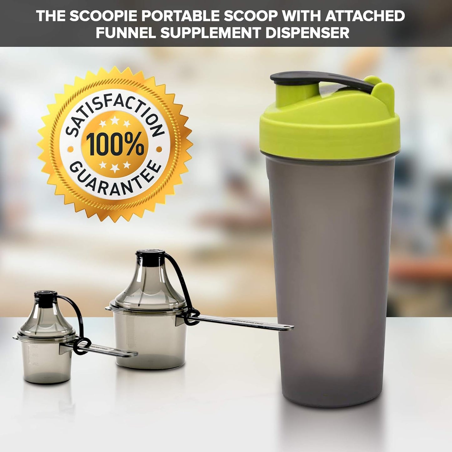The Scoopie Supplement Container, Scoop, and Funnel System for Pre Workout Powder and Post Workout Protein, Spill Proof Holder Dispenser, Gym and Shaker Bottle Travel Accessory, PACK OF 4, BLACK