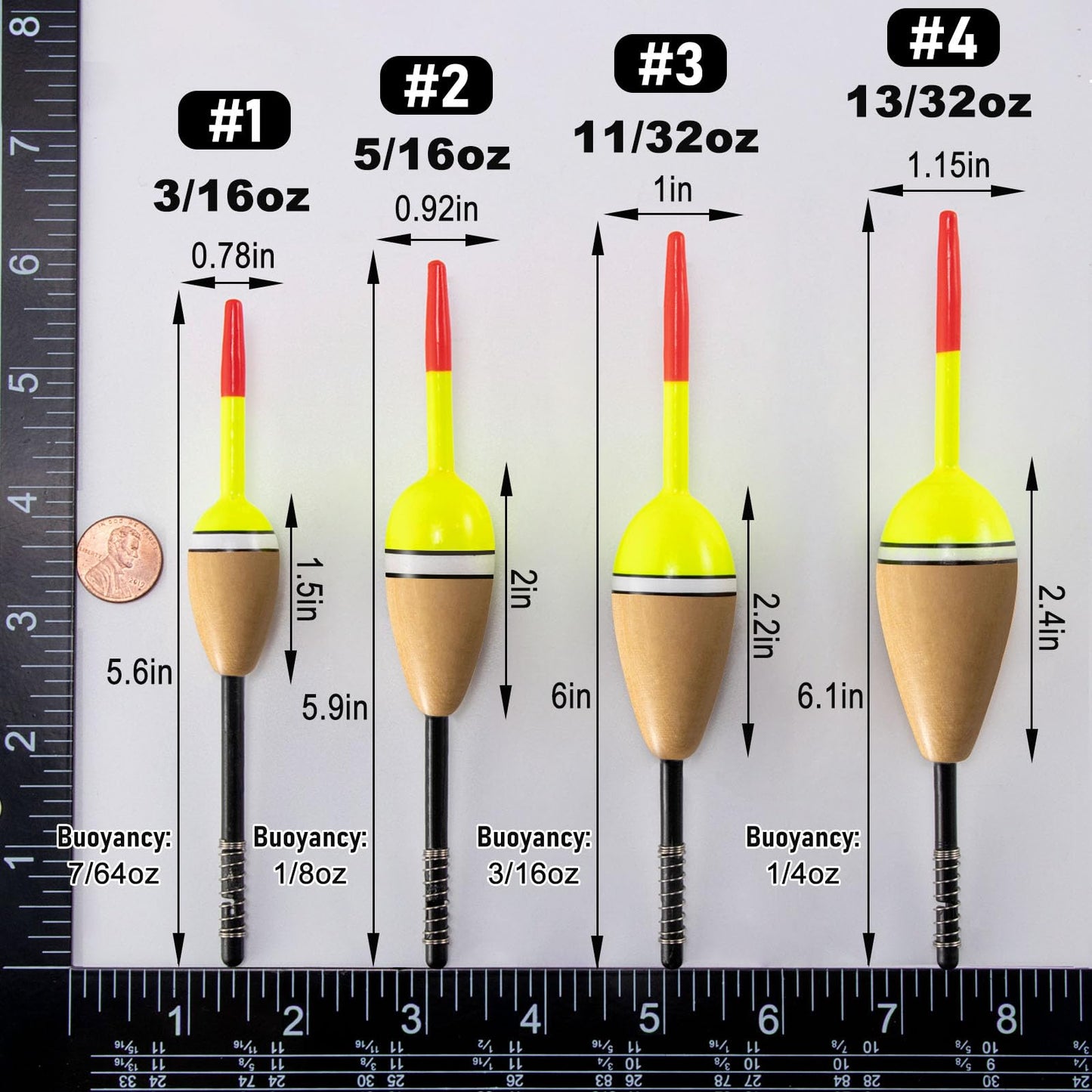 Alwonder 4-Pack Fishing Bobbers Floats, Buoyant Balsa Wood Body Spring Fishing Floats and Bobbers, Oval Bobber for Crappie Bluegills Trout Bass Panfish Catfish Walleyes 2.2“