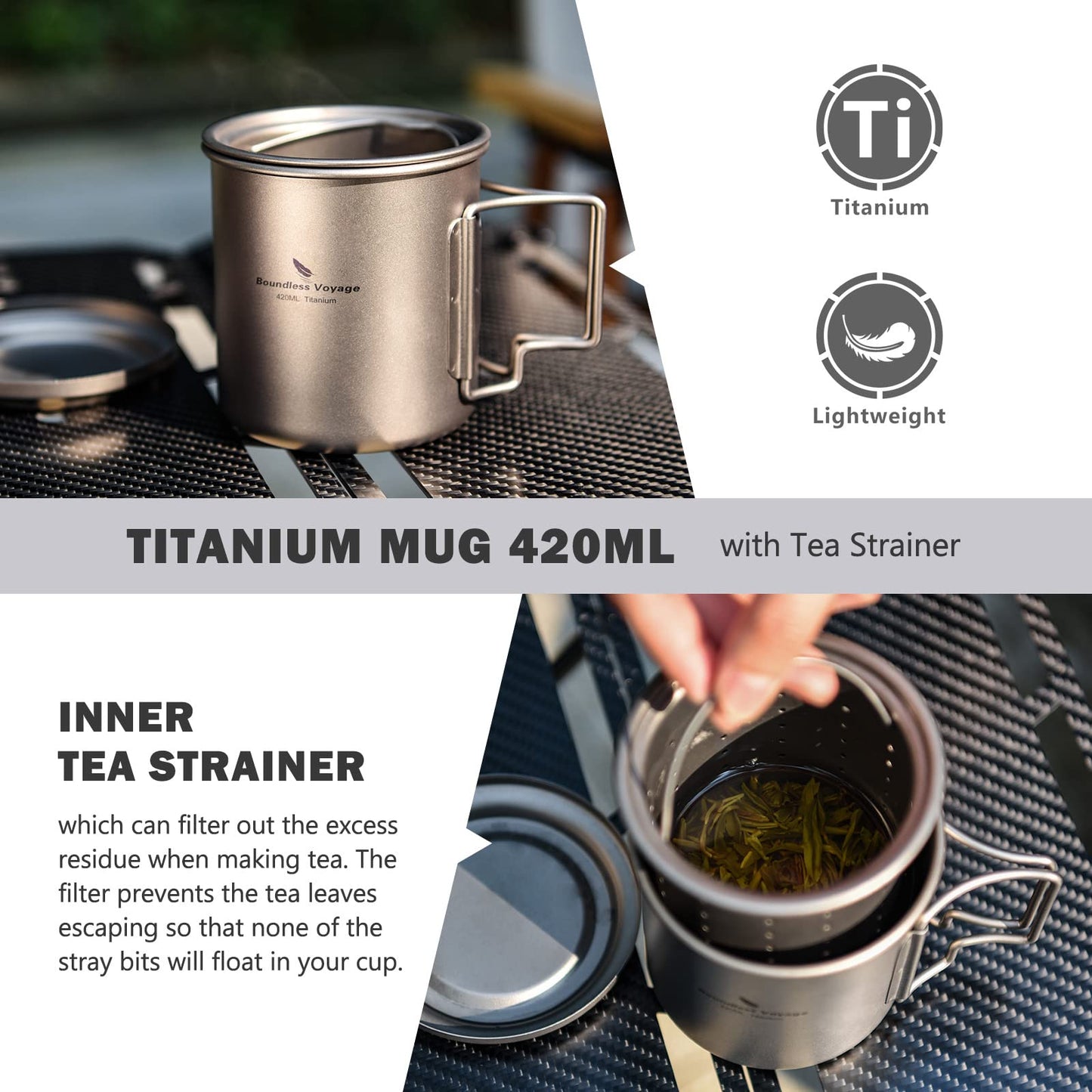 Boundless Voyage Single Layer Titanium Cup Portable Camping Picnic Water Cup Mug with Foldable Handle Lightweight Tea Cup with Tea Filter 420ml/14.2 fl.oz(Ti3054D)