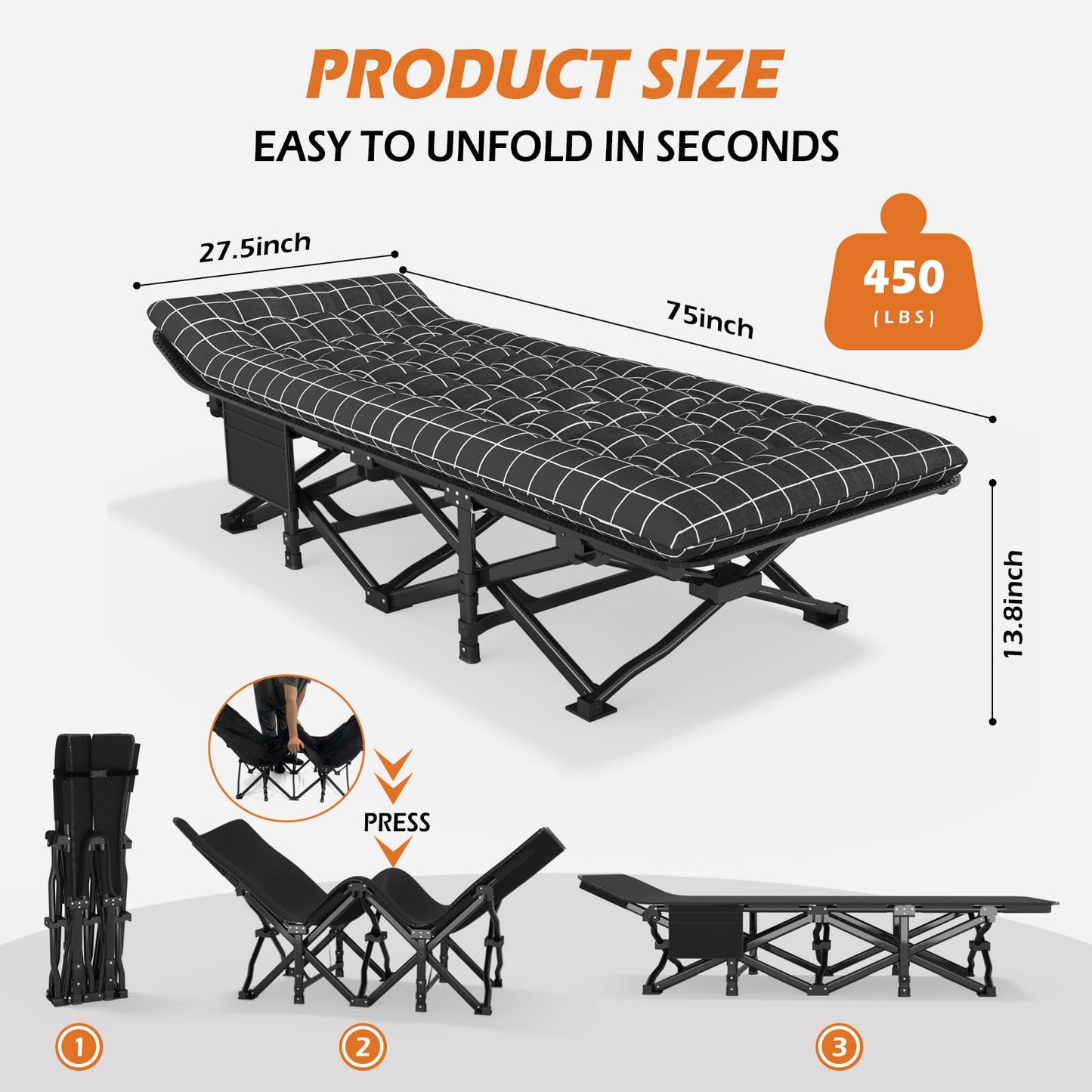 ATORPOK Camping Cot for Adults with Cushion Comfortable, Portable Folding Bed for Sleeping, Lightweight Folding Bed with Carry Bag for Kids Supports 450 lbs (Black)