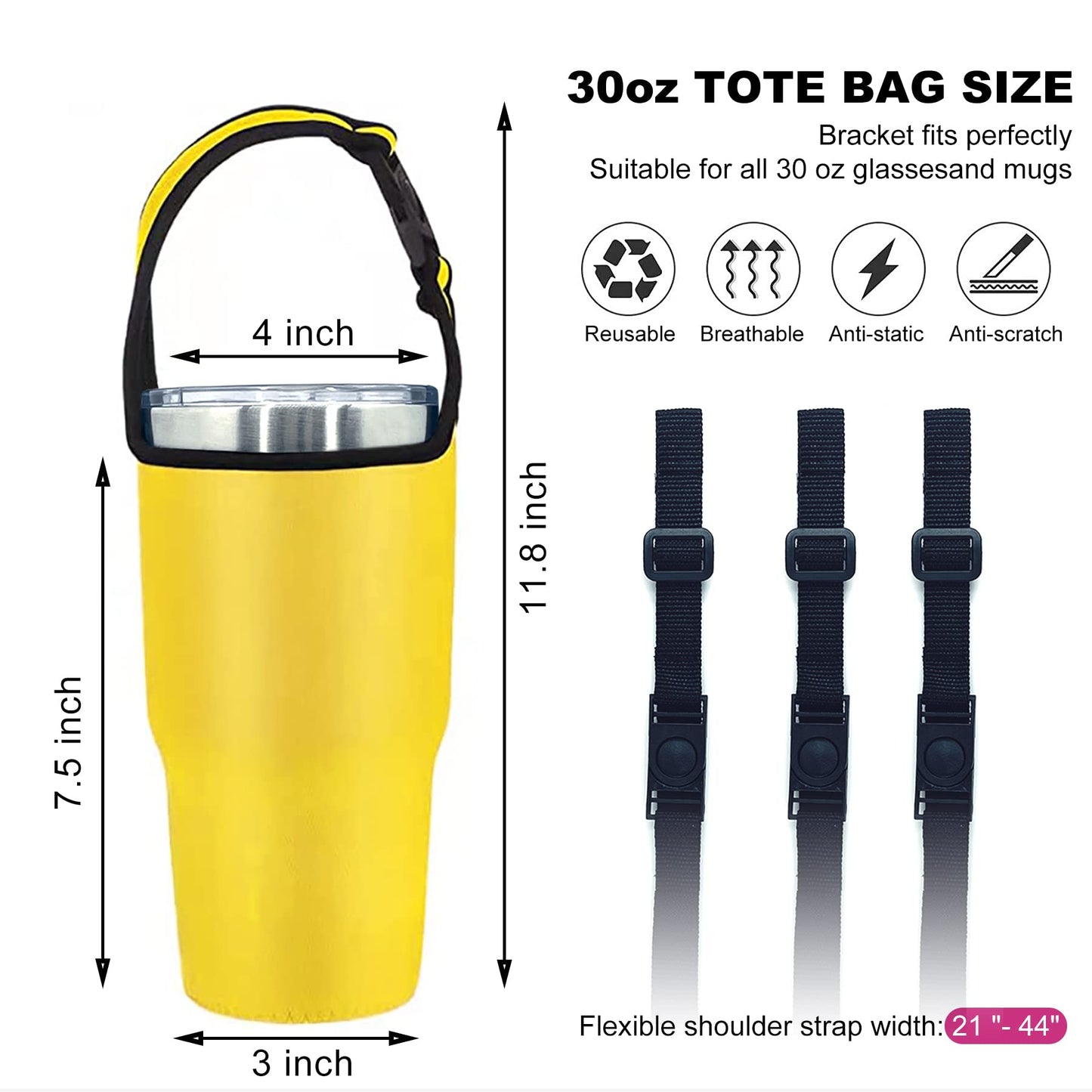 AICMEI 3 Pack 30oz Tumbler Carrier Holder with Shoulder Strap, Neoprene Insulator Cup Sleeve, Reusable, Adjustable, Interchangeable Straps - Pink, Black, Yellow