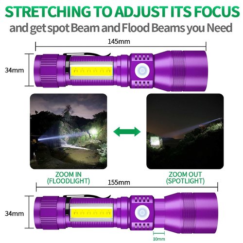 Black Light flashlight, 3 in-1 Rechargeable Flashlights, UV Light Magnetic LED Flashlight High Lumens, 7 Mode Camping Waterproof Flashlight for Pet Urine Detection ((Black + Purple) with case)