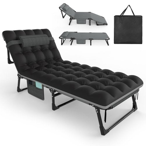 Slendor Folding Camping Cot for Adults, 5 Positions Adjustable Outdoor Bed, Lounge Chair, 1200D Layer Oxford Travel Cot With Mattress, Storage Bag, Black W/Gray Pad