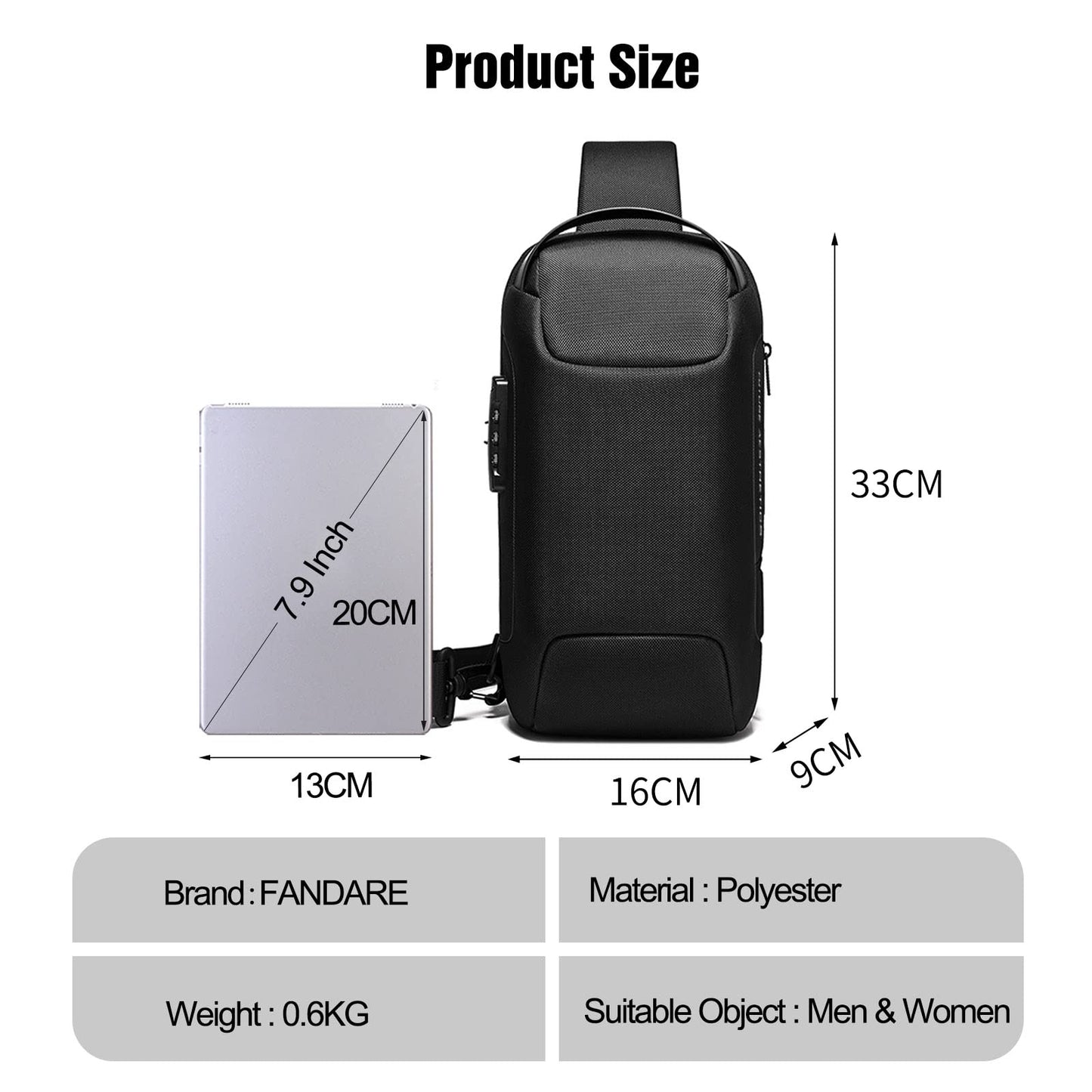 FANDARE Anti-Theft Sling Bag Chest Shoulder Backpack Crossbody Bags for Men Women Cover Pack Hiking Small Rucksack with USB Charging Port for Business Travel Hiking Bicycle Sport Gym Pack Black