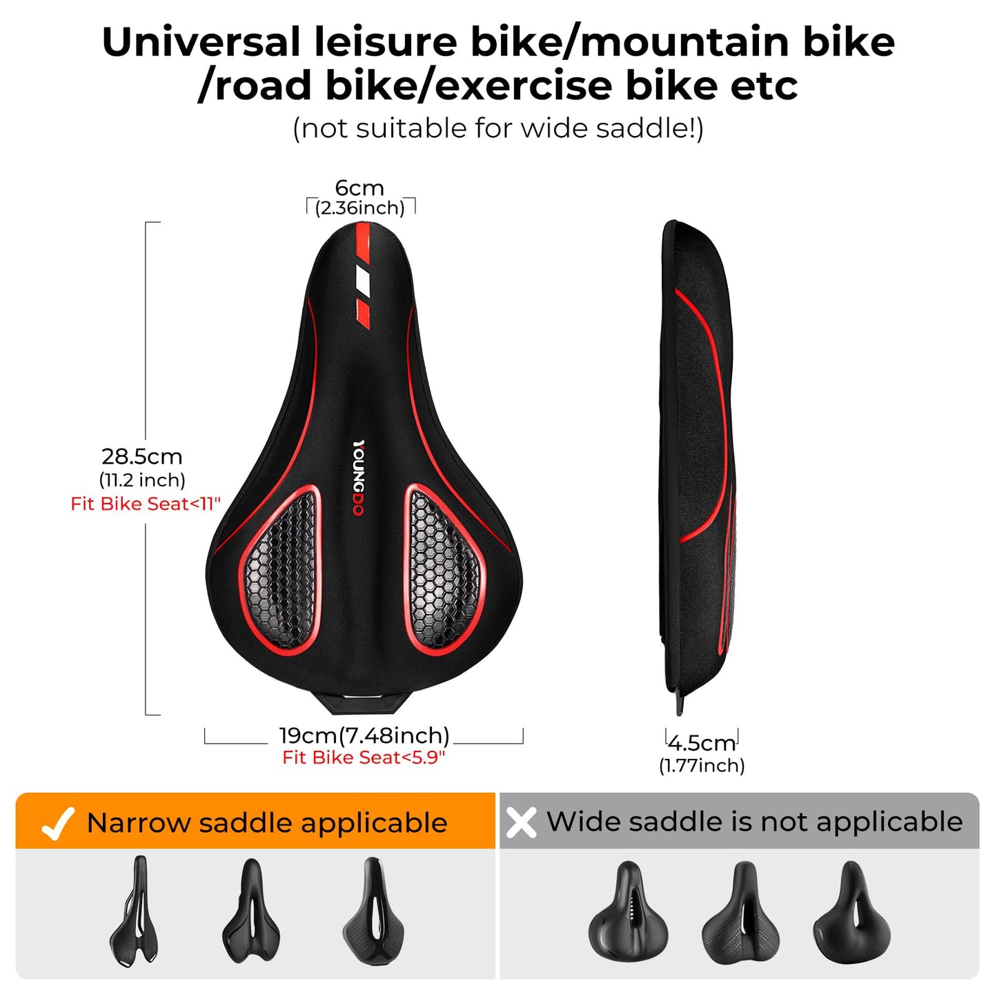 YOUNGDO Bike Seat Cushion with Waterproof Gel Bike Seat Cover, 11.2" x7.4, Bicycle Seat Cushion for Bike Seat, Shock Absorbing, Seats Cushion Fit for Peloton, BMX, MTB & Road