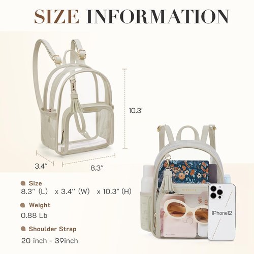 Missnine Small Clear Backpack Stadium Approved, Thick PVC Mini Clear Bag with Leather Trim for Sports Event, Concert, Festival, Khaki