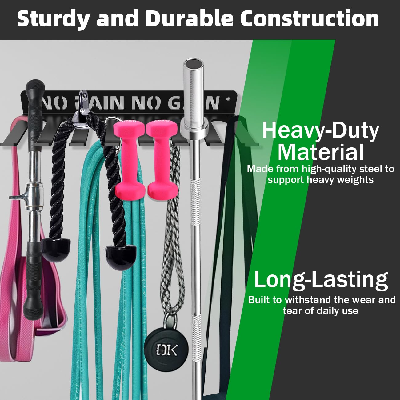 Home Gym Accessories Organization Storage Rack Equipment For Home 8 Hook Wall Hanger Display Gear Barbells Resistance Bands Jump Ropes Lifting Belt Hanger Accessories Hardware Included (No Pain No Gain M)