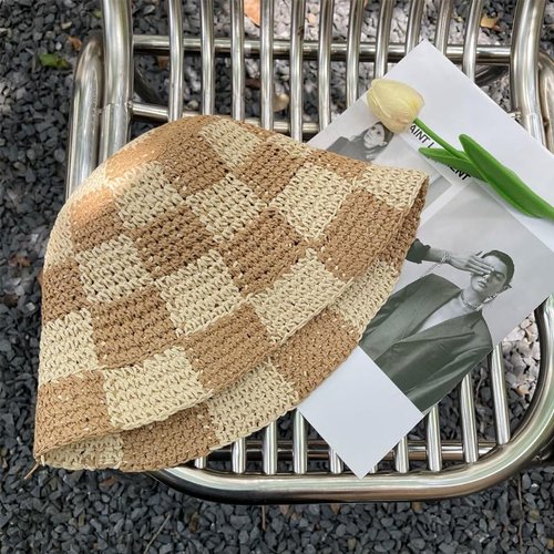 Sun Hats for Women Checkered Straw Bucket Hats UV Protection Sunhat Plaid Packable Sun Protection Hat Y2K Accessories (One Size,Khaki)
