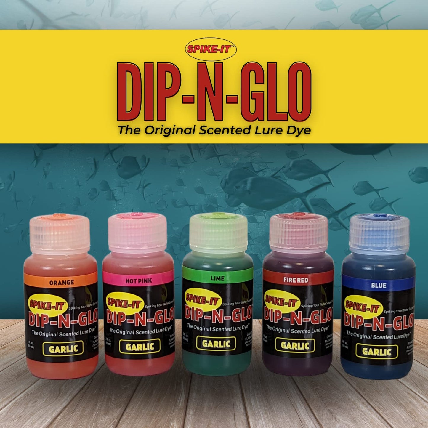 Spike-It Dip-N-Glo Garlic Lure Dye | Lure Dip for Soft Plastic Baits | Strong Garlic Scent & Vivid UV Color | Make your Lures Unresistable to All Fish | Pack of 5 x 2 Oz Bottles
