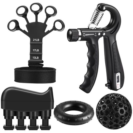 Hand Grip Strengthener Workout Kit (5 Pack) with Adjustable Tension Finger Exerciser, Adjustable Resistance Hand Gripper, Stress Relief Ball, and Forearm Workout Ring for Muscle Building and Injury Recovery