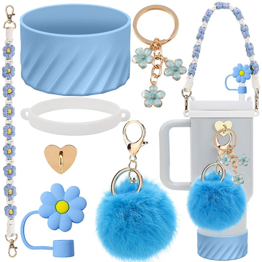 7PCS Accessories Set for Stanley Cup 40 oz 30oz, Including Protective Silicone Boot, Water Bottle Handle Strap, Keychain Charm, Heart Hook, Straw Cover Cap for Stanley Cup Accessories (Blue)