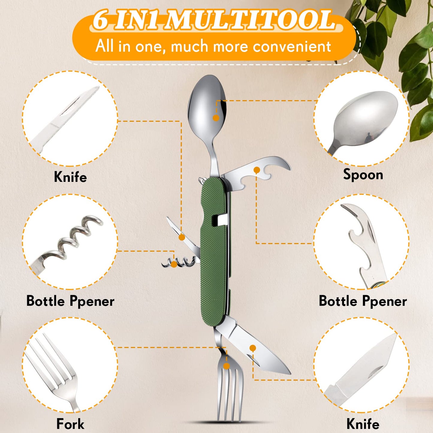 Tessco for you 5 Set 6 in 1 Camping Utensil, Portable Stainless Steel Multifunction Flatware Spoon Fork Knife Bottle Opener Combo Mess Kit with Carrying Pouch, Cutlery for Travel Backpacking Outdoor