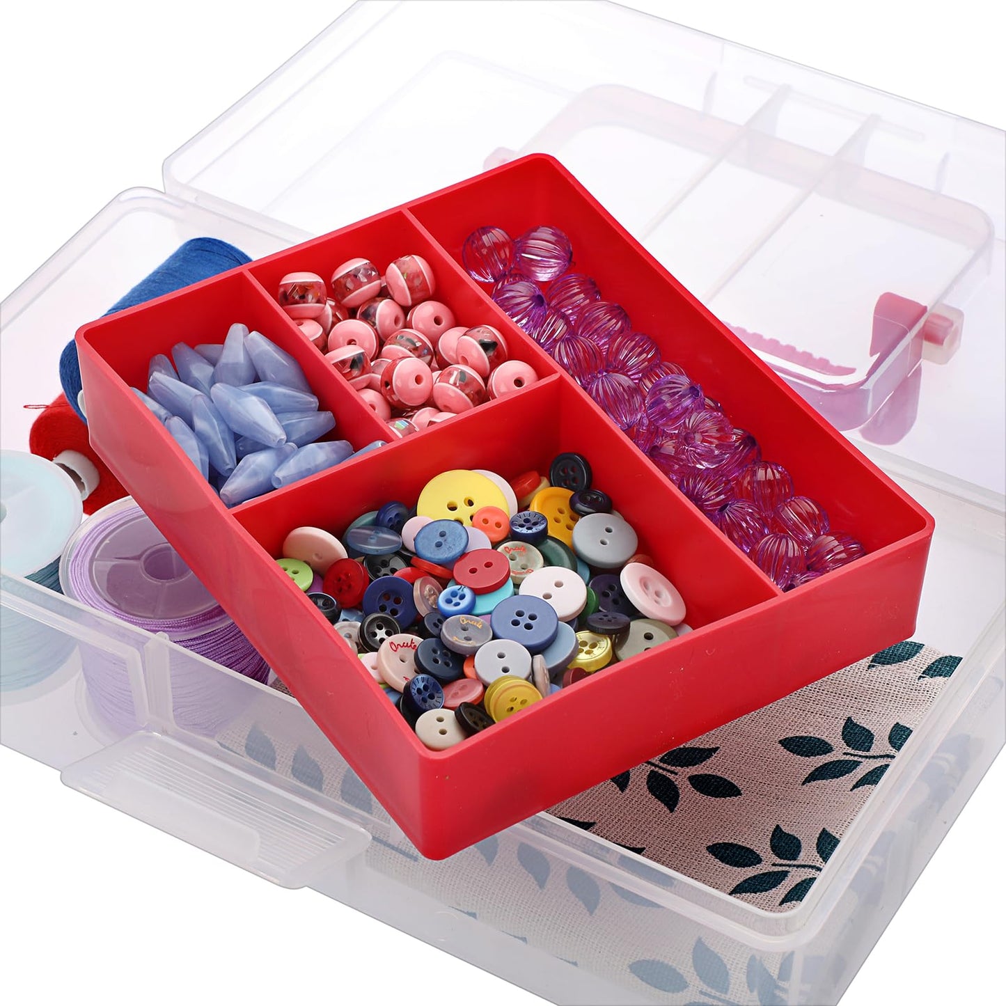 JUXYES Plastic Fishing Tackle Box Organizer with Removable Dividers, Clear Fishing Tackle Storage Boxes with Handle, 2 Layer Fishing Tackle Tray Box Lure Box, Red