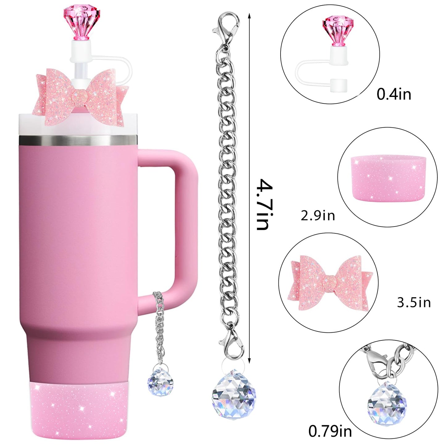 8Pcs Diamond Accessories for Stanley Cup Glitter Straw Topper Silicone Boot Bow Tie Crystal Handle Charms for Stanley Cup 30&40 Oz Pink Tumbler Cup Water Bottle Accessories Set Reusable Straw Cover