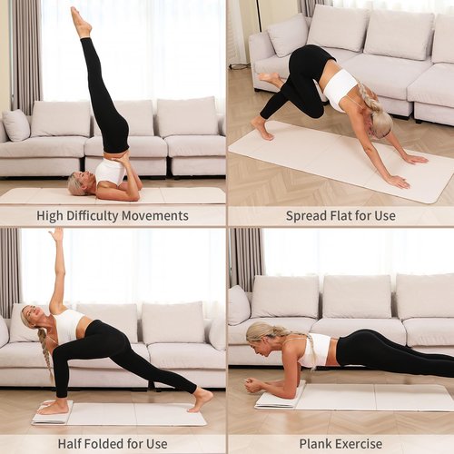 PAIDU Foldable Yoga Mat - 10mm Extra Thick, 75"26" Non-Slip Exercise Fitness Mat | SGS Eco-Certified, Portable for Yoga/Pilates/Studio/Home Workout （Beige）