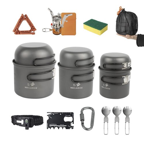 WAILAMHK Camping Cookware Mess Kit, 17 pcs Backpacking Cooking Gear, Lightweight Camping Pots and Stove Set for 3 Person, Outdoor Cooking Gear Ideal for Camping, Hiking, Backpacking and Picnic