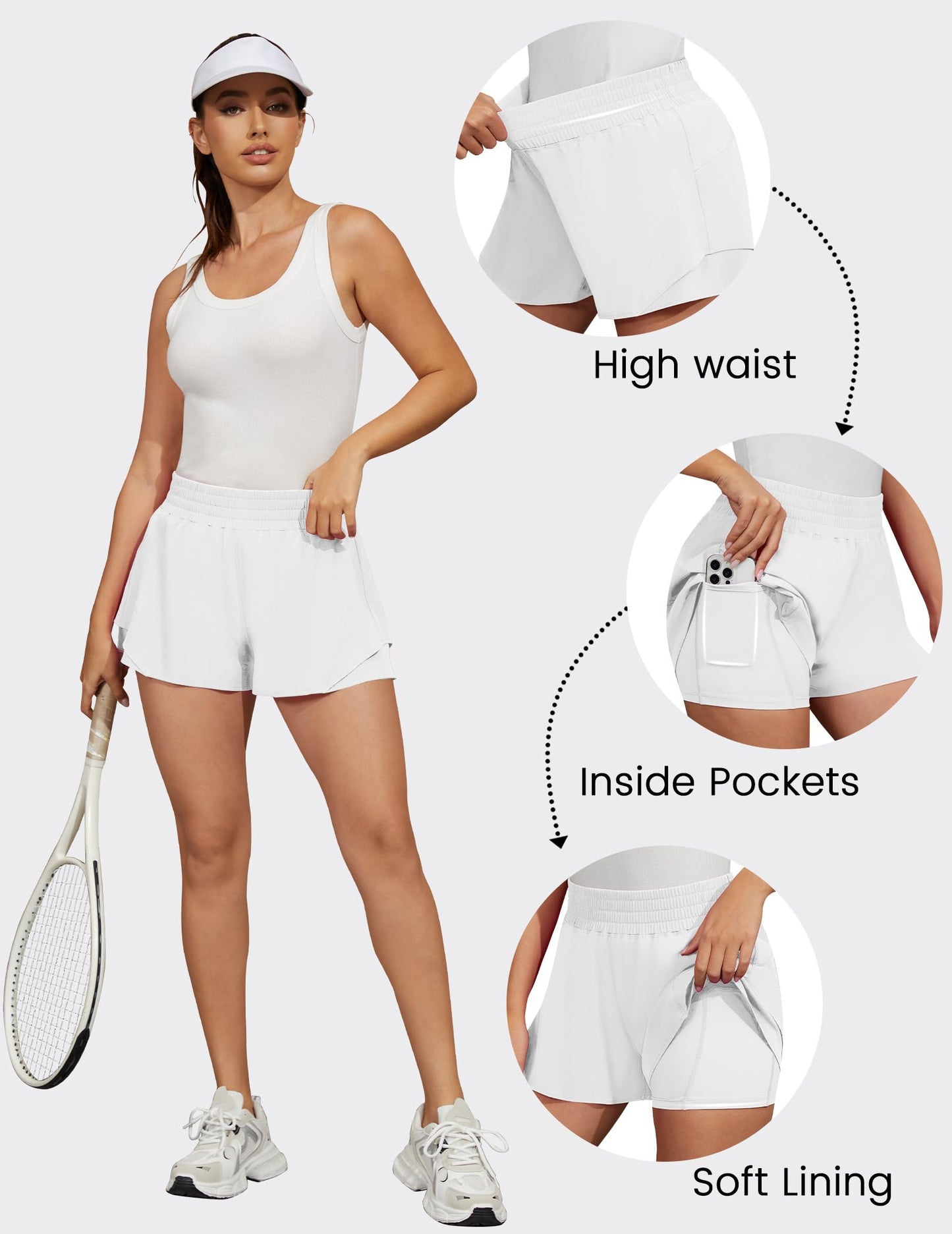 FireSwan Running Shorts for Women 2 in 1 High Waisted Butterfly Flowy Athletic Gym Yoga Pockets White Medium