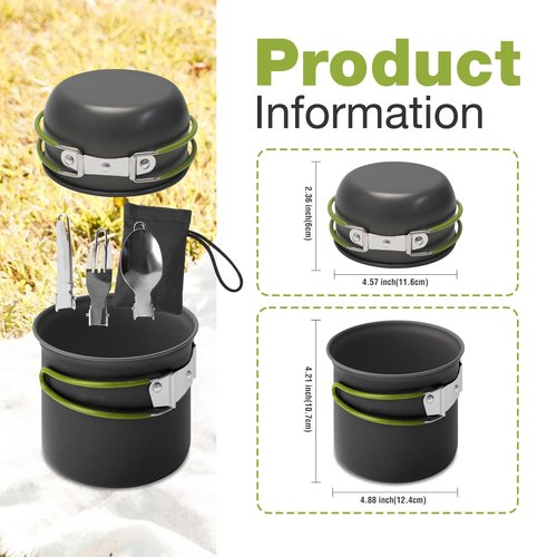 NEUEFAMI Compact Camping Cookware Set - Lightweight Backpacking Pots and Pans Kit for Camping, Hiking, Backpacking, Picnic and Other Outdoor Activities (Green)