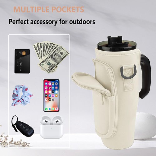 ZMD Water Bottle Carrier Bag With Phone Pocket, 40 Oz Water Bottle Holder Pouch With Adjustable Strap Cup Accessories for Hiking Travelling Camping, Beige