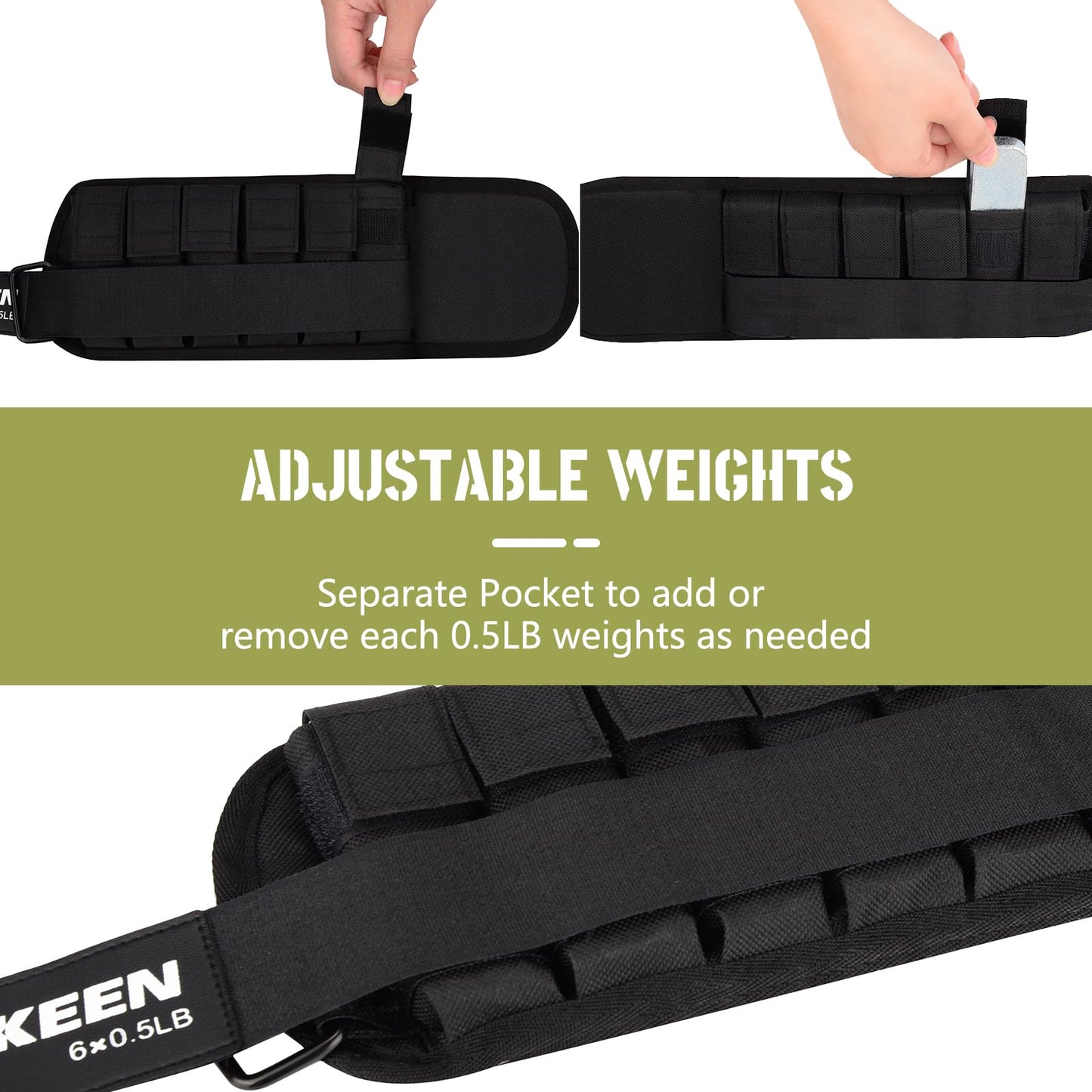Hikeen Ankle Weights for Women Men 1 pair Adjustable Ankle Weights 1 2 3 LBS Metal Block with Separate Pockets Leg and Hand Weights For Walking Running Exercises