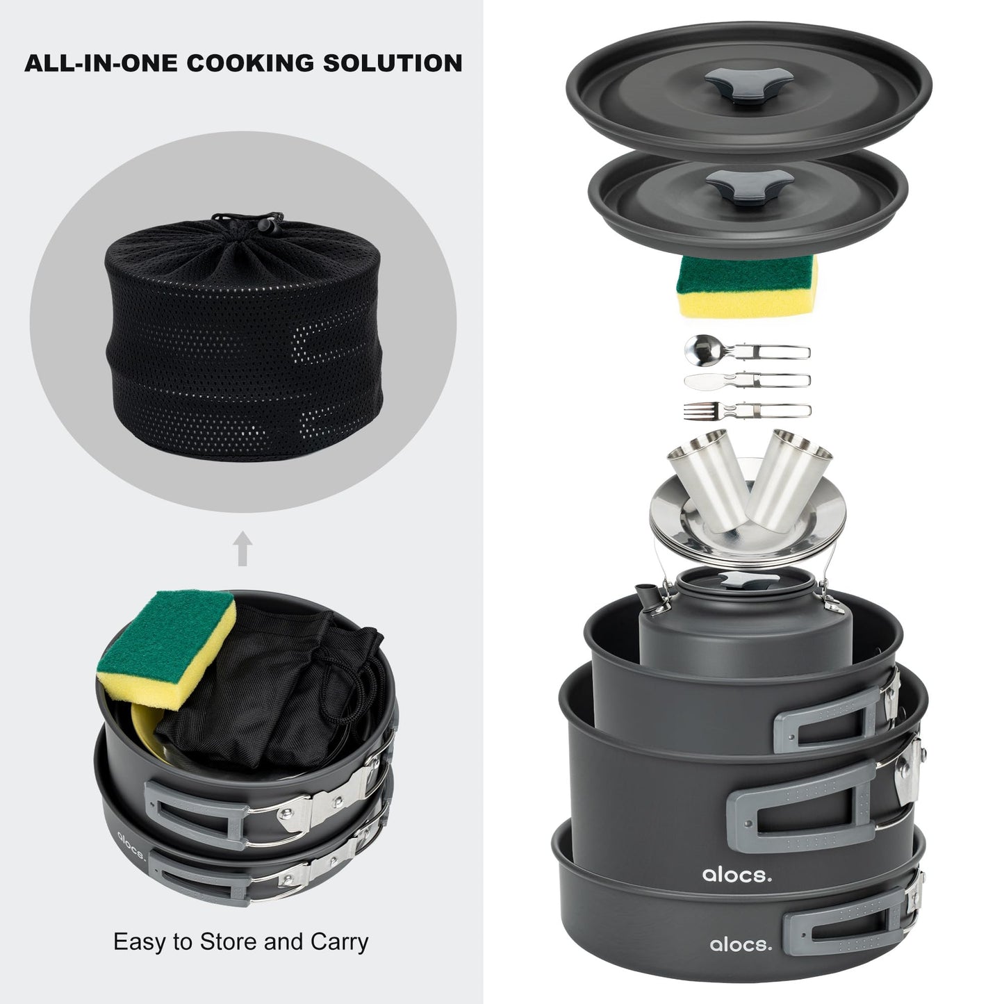 Alocs 17pcs Camping Cookware Set - Lightweight Camping Cookware Mess Kit for 2 - Portable Outdoor Cookware with Kettle - Camping Pots and Pans Set with Stainless Steel Cups Plates Forks Knives Spoons