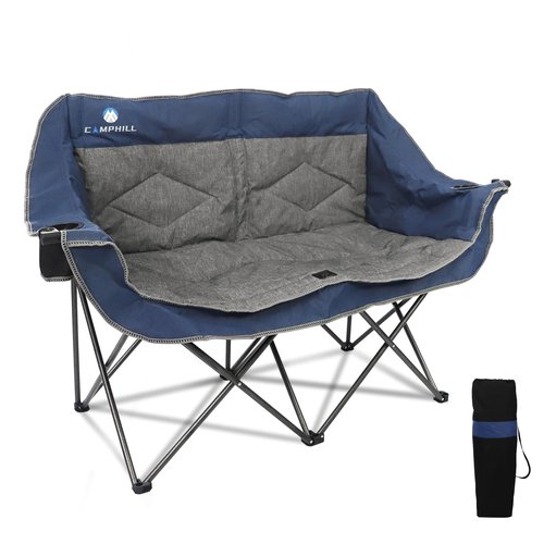LANMOUNTAIN Folding Loveseat Camping Chair,Portable Double Chair w/Cup Holder,Wine Glass Holder,Carry Bag Heavy Duty Lawn Chair for 2 Adults,Perfect for Camp,Hiking,Picnics and Beach Trips,Blue