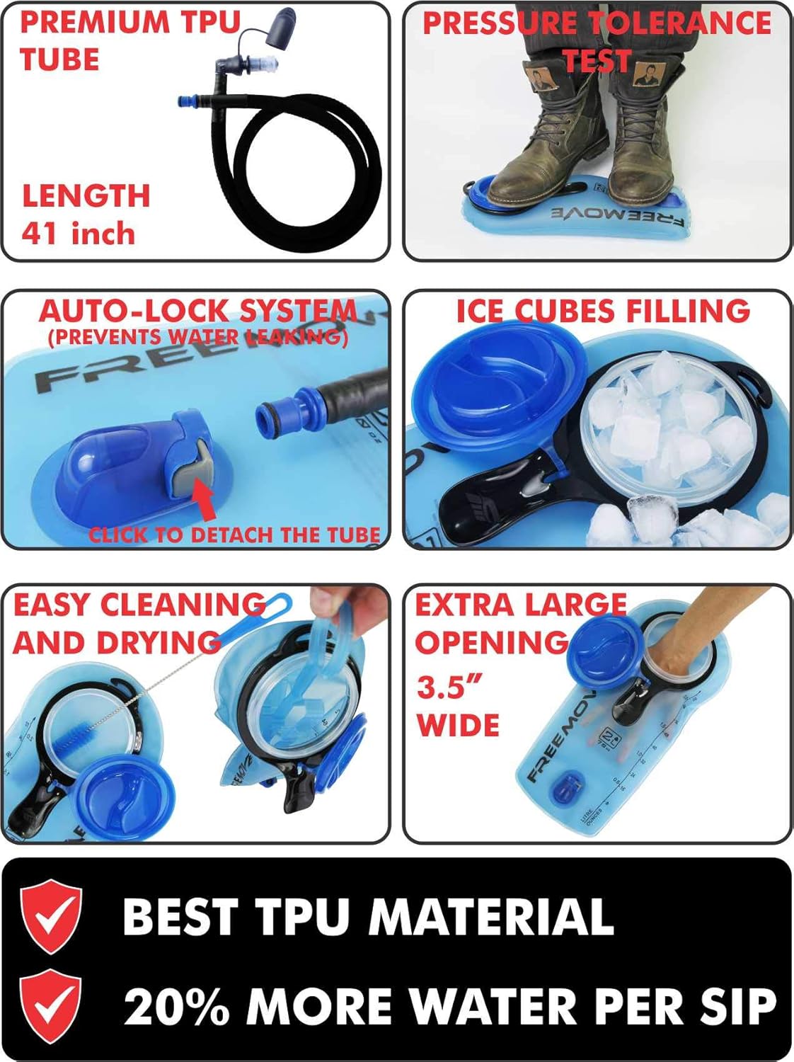 FREEMOVE Hydration Bladder 2L / 3L Water Bladder for Hiking Backpack &gt;Blue or Green&lt; Leak Proof Hydration Pack, Tasteless & BPA Free, TPU Water Reservoir, Quick Release Insulated Tube & Shutoff Valve