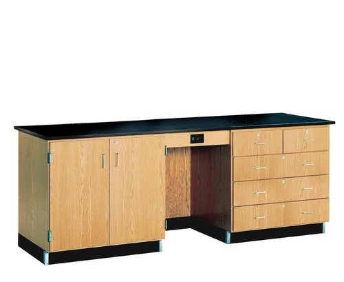 Diversified Spaces Kinetic Classroom Instructor Demo Desk, 96"W x 30"D x 36"H, Epoxy Resin Top, Solid Oak, GFI Outlet, Locking Drawers & Doors, Made in The U.S.A
