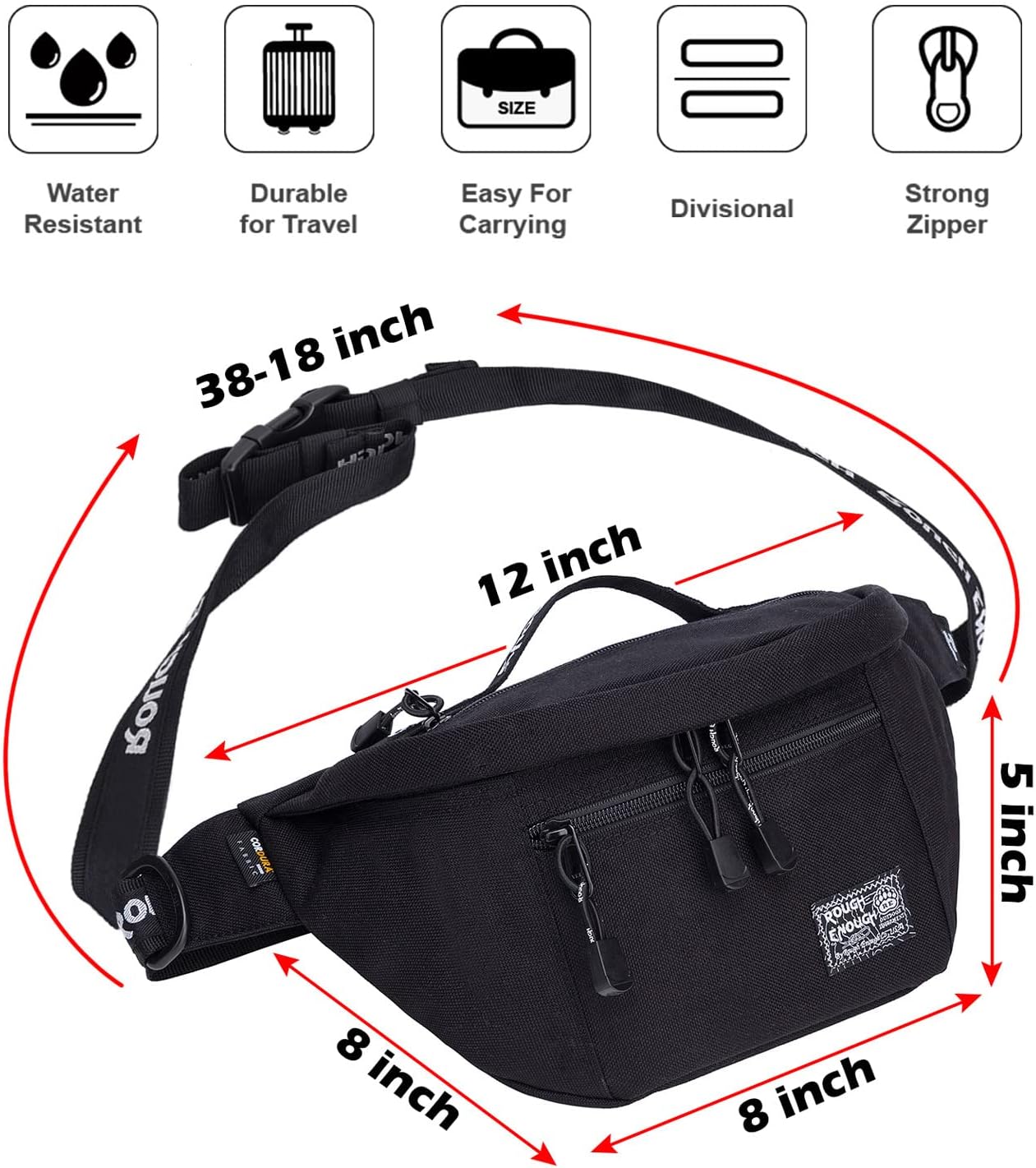Rough Enough Tactical Fanny Pack for Men Lightweight Waterproof Waist Bag Crossbody for Fishing Hiking Dog Walking (Black)
