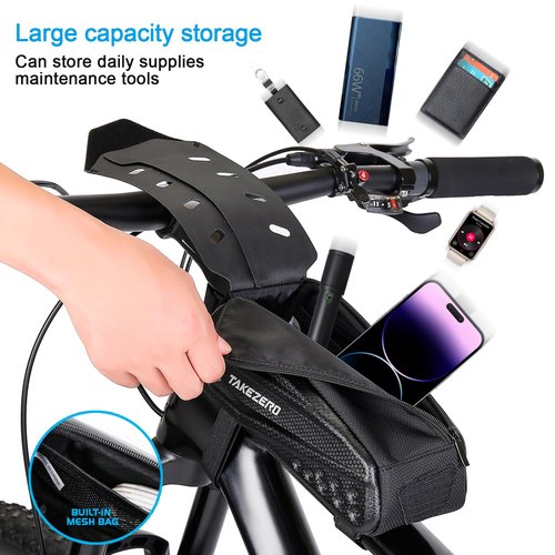 TAKEZERO Bike Frame Bag Waterproof Phone Holder Pouch Storage Bag for Bicycle (Black, 1.8L, Compatible with Phones 4-7 inches)